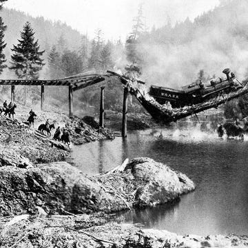 in what would be the most expensive scene in silent film history, buster keaton constructed a bridge, set it afire, drove a steam train onto it—and then had everything collapse into a river 34 feet below keaton had only one chance to get the shot right, and he nailed it