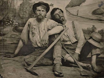 An unidentified pair of prospectors pose with tools of their trade (circa 1860).