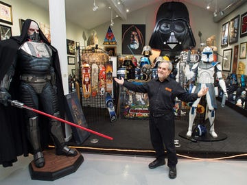 rancho obi wan founder steve sansweet with a cast of thousands the darth vader head on the back wall once greeted toys “r” us shoppers in times square, while darth malgus left is a seven foot, 5,99999 limited edition action figure long sold out, alas