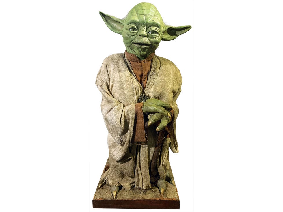 This mannequin was cast from the same molds used to create the 900-year-old Force whisperer for his Empire Strikes Back debut. Sansweet acknowledges that this Yoda was “not authorized.” How exactly did the artisans come by the molds? “No comment.”