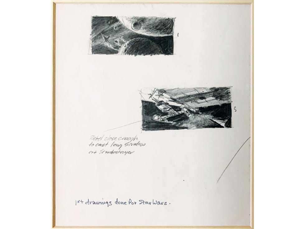 After completing a draft of Star Wars in 1975, Lucas hired artist Ralph McQuarrie to conceptualize some of the battle scenes. These sketches are on loan from McQuarrie’s estate.