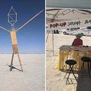 “We are all united in a silent calculation that the relentless UV and wind will make short work of any virus and that, if there is any residual risk, it’s worth it to be here, just to feel normal again," writes Adam Fisher, a 20-year veteran of Burning Man. Pictured here are the trash man, an impromptu art piece to burn in the tradition of the event (left), and the shitty’s mayor, James Lynne Tornado.