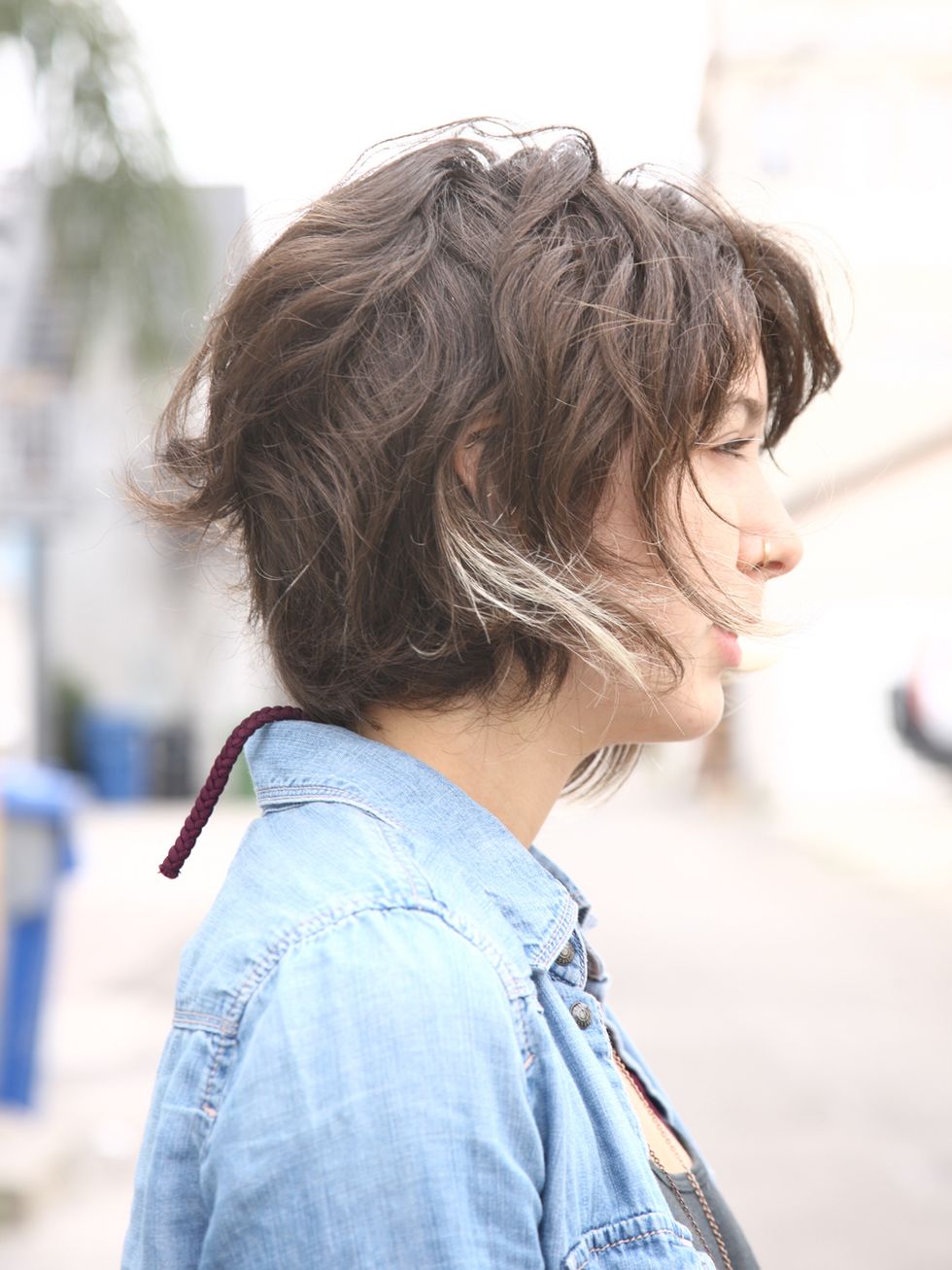 Hairstyle, Shirt, Style, Street fashion, Denim, Brown hair, Bangs, Portrait photography, Feathered hair, Hair coloring, 