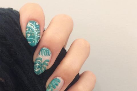 Nail, Nail polish, Manicure, Finger, Nail care, Green, Blue, Turquoise, Cosmetics, Hand, 