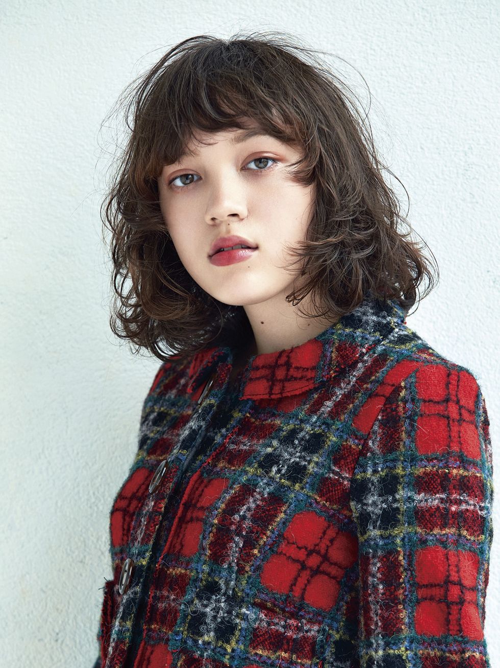 Hair, Face, Plaid, Lip, Hairstyle, Beauty, Red, Pattern, Head, Skin, 