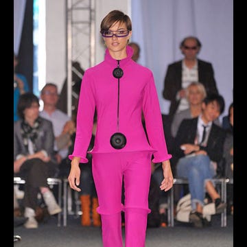 Leg, Fashion show, Joint, Outerwear, Coat, Pink, Style, Runway, Formal wear, Magenta, 