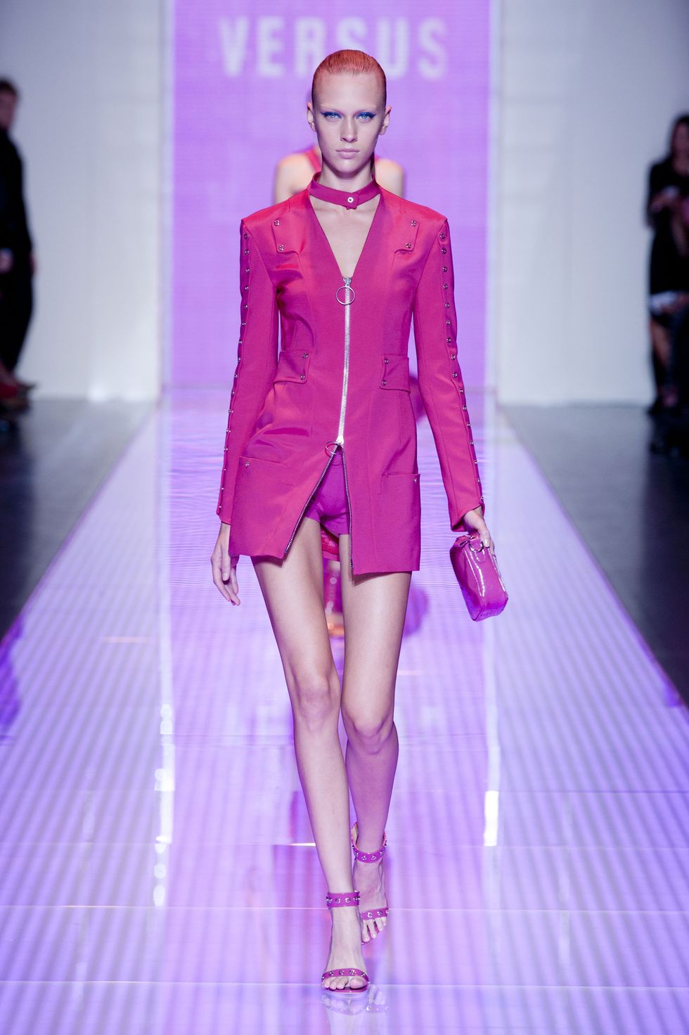 Fashion show, Event, Human body, Shoulder, Runway, Joint, Outerwear, Fashion model, Magenta, Pink, 
