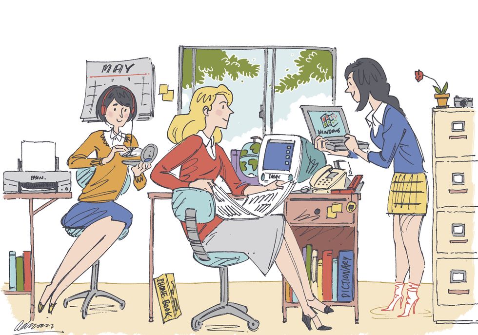Line, Interaction, Sitting, Sharing, Cartoon, Conversation, Parallel, Illustration, Office equipment, Desk, 