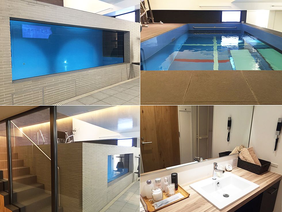 Blue, Architecture, Property, Interior design, Room, Bathroom sink, Plumbing fixture, Wall, Glass, Azure, 