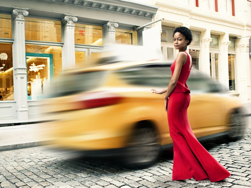 Shoulder, Dress, Red, Road surface, Formal wear, Street fashion, Waist, Street, One-piece garment, Fashion model, 