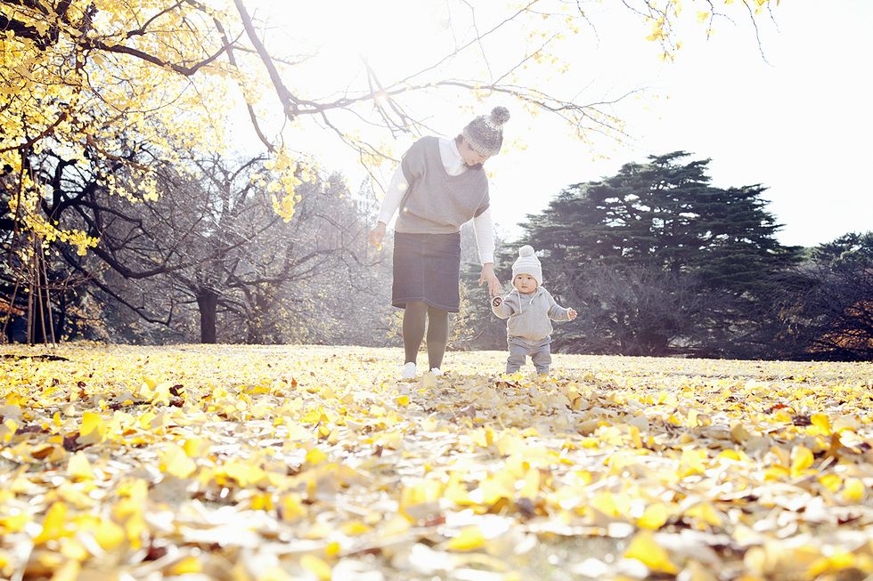People in nature, Photograph, Yellow, Leaf, Tree, Autumn, Light, Deciduous, Sunlight, Grass, 