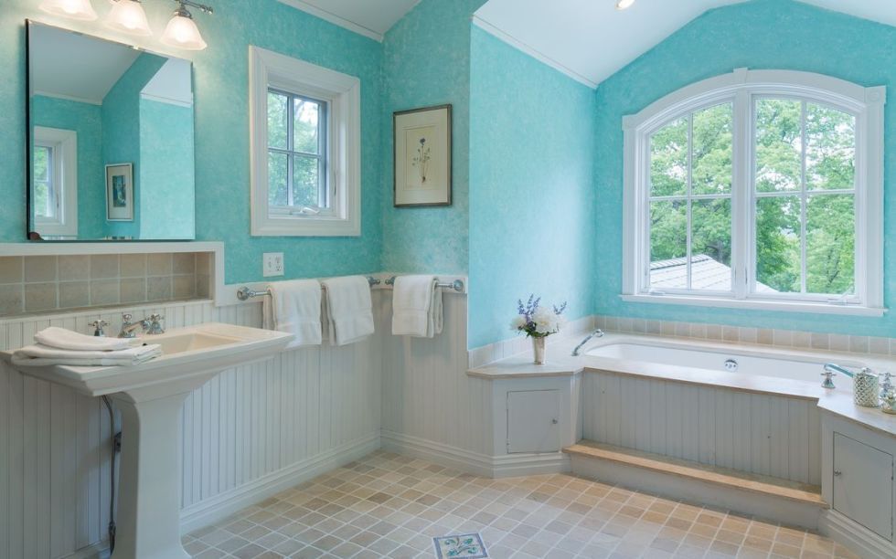 Bathroom, Room, Property, Blue, Tile, Floor, Turquoise, Interior design, Wall, Building, 