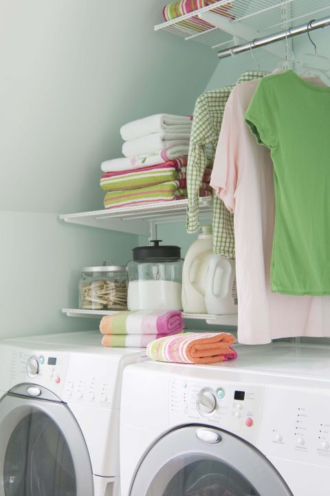 Laundry room, Laundry, Washing machine, Room, Pink, Clothes dryer, Major appliance, Shelf, Furniture, Home appliance, 