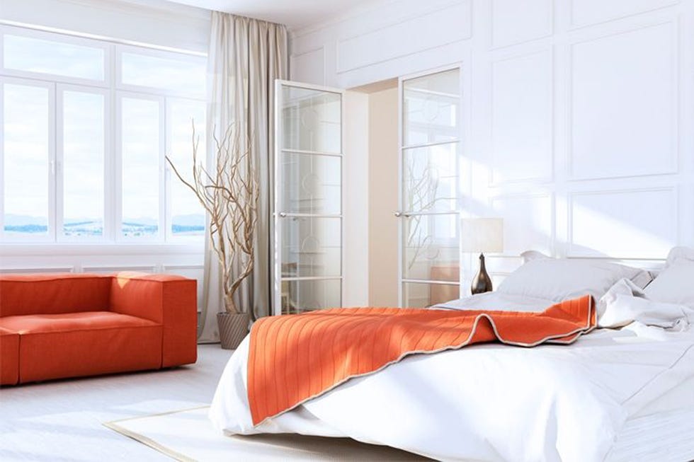 Bedroom, Furniture, Bed, Orange, Room, Bed sheet, Interior design, Bedding, Bed frame, Wall, 