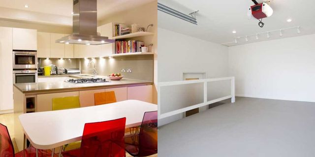 Room, Property, Interior design, Furniture, Building, Yellow, Floor, Shelf, Kitchen, Ceiling, 
