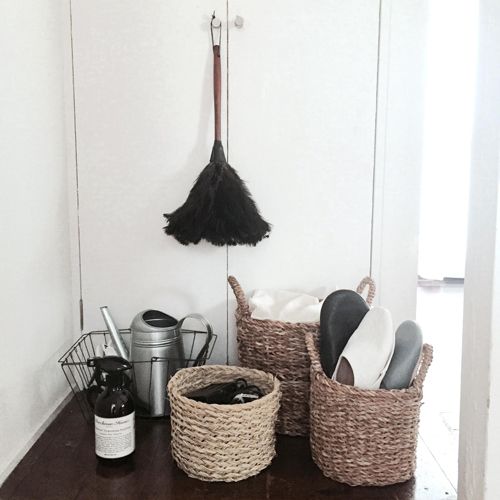Grey, Household supply, Home accessories, Basket, Wicker, Interior design, Household cleaning supply, Still life photography, Storage basket, Broom, 