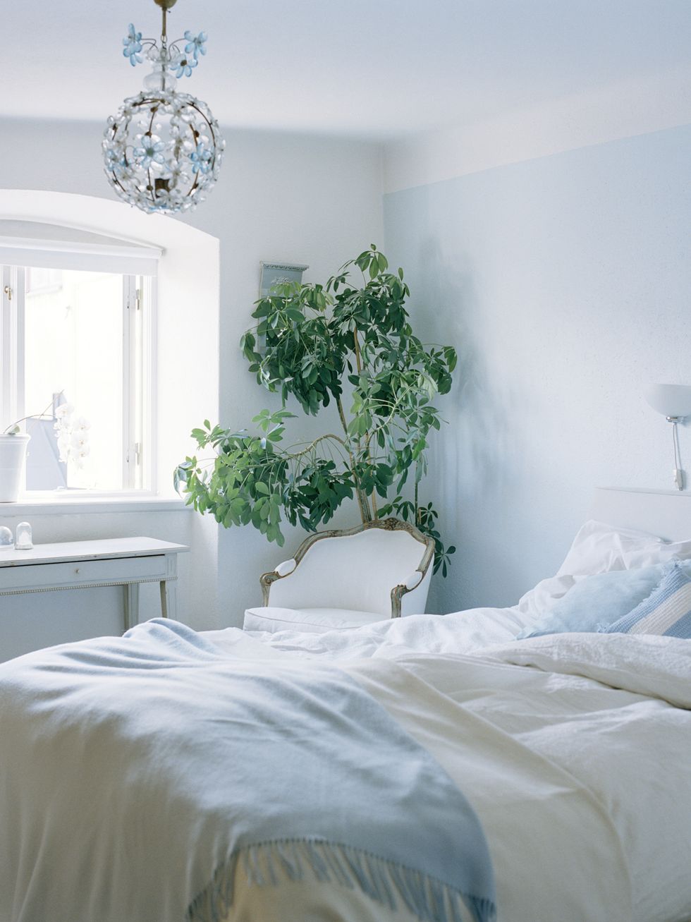Blue, Green, Room, Bed, Interior design, Textile, Bedding, Linens, Bed sheet, Wall, 