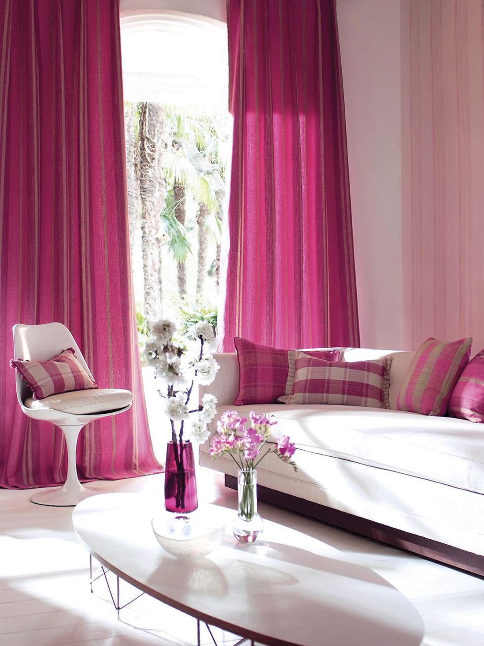 Interior design, Room, Textile, Furniture, Table, Purple, Pink, Window treatment, Interior design, Magenta, 