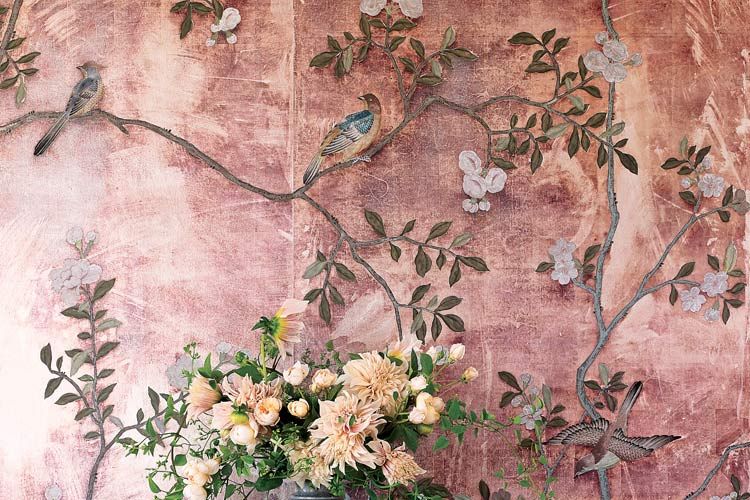 Wall, Flower, Linens, Paint, Peach, Twig, Still life photography, Creative arts, Floral design, Bedding, 