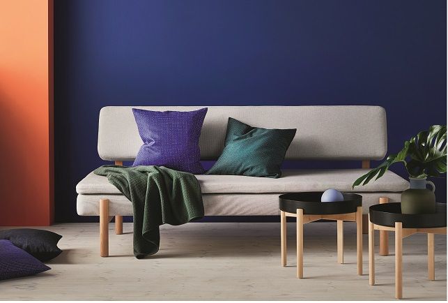 Blue, Green, Room, Interior design, Flowerpot, Furniture, Wall, Couch, Purple, Pillow, 