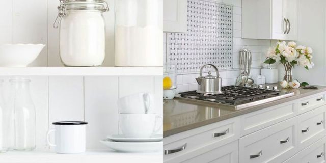 Countertop, White, Kitchen, Room, Tile, Product, Cabinetry, Shelf, Furniture, Interior design, 