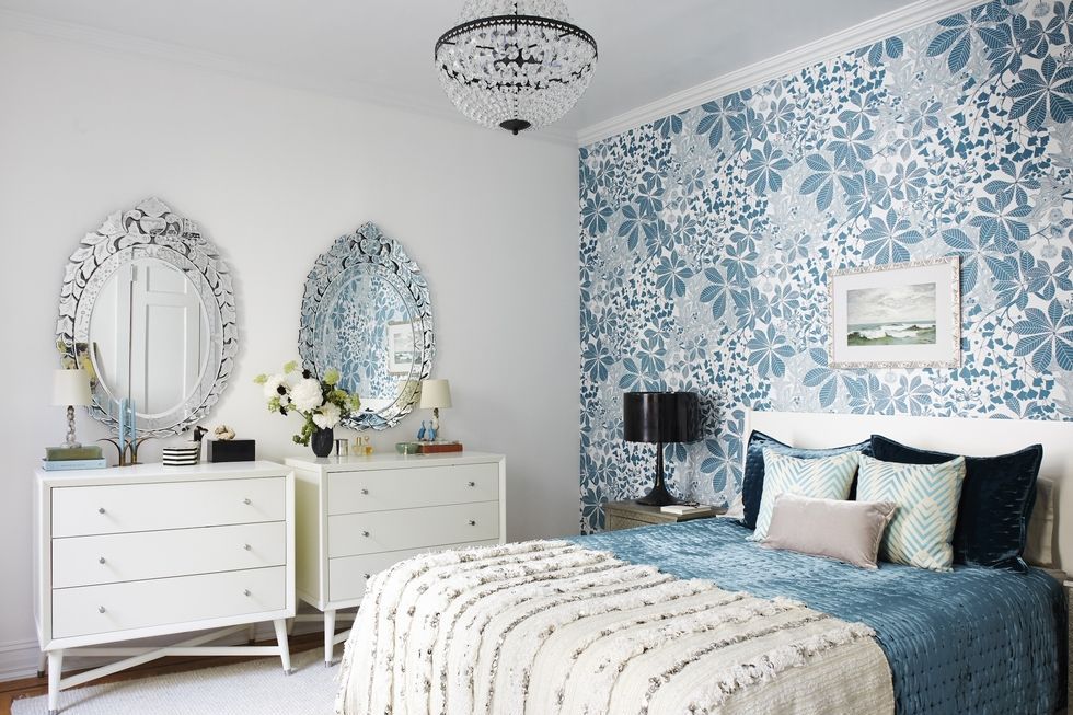 Bedroom, Room, Bed, Furniture, Blue, Interior design, Wall, Property, Bed frame, Nightstand, 