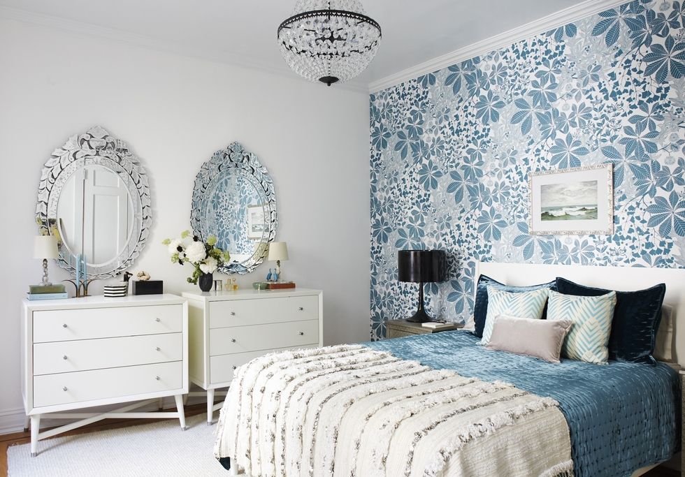 Bedroom, Room, Bed, Furniture, Blue, Interior design, Wall, Property, Bed frame, Nightstand, 