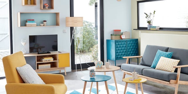 Living room, Furniture, Room, Interior design, Property, Turquoise, Coffee table, Table, Shelf, Building, 