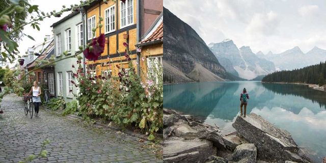 Natural landscape, Fjord, Mountain, Town, Alps, Mountain range, Tourism, Hill station, Lake, Travel, 