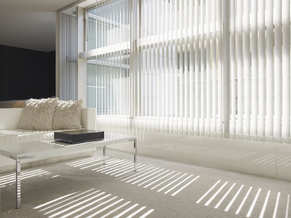 White, Window covering, Interior design, Floor, Room, Furniture, Window treatment, Window blind, Property, Wall, 