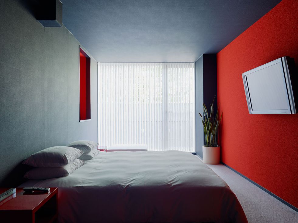 Bedroom, Room, Red, Interior design, Furniture, Bed, Property, Wall, Bed sheet, Architecture, 