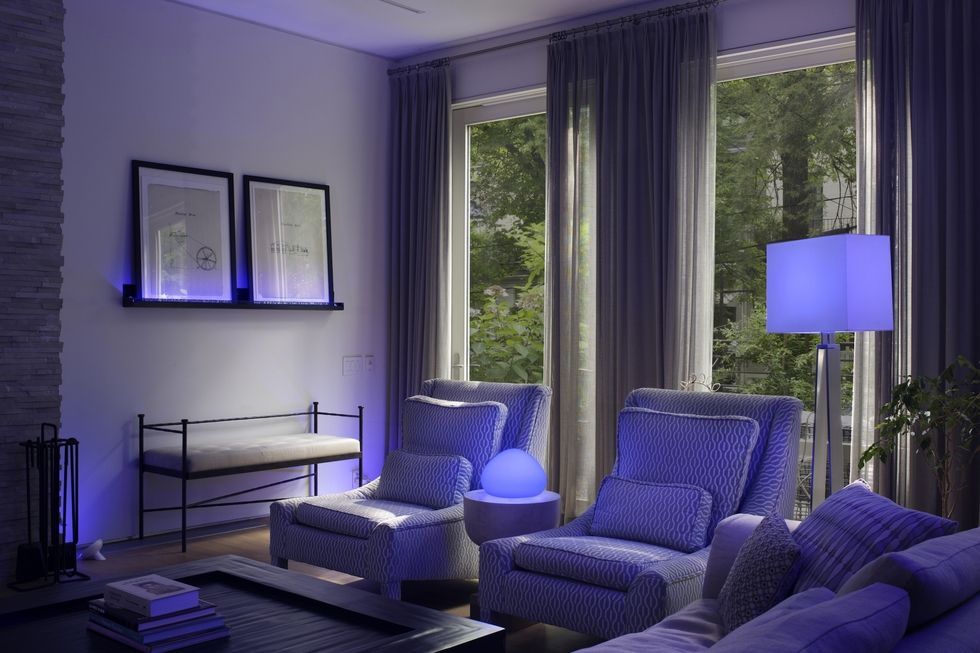 Living room, Purple, Blue, Room, Violet, Interior design, Furniture, Property, Lavender, Majorelle blue, 