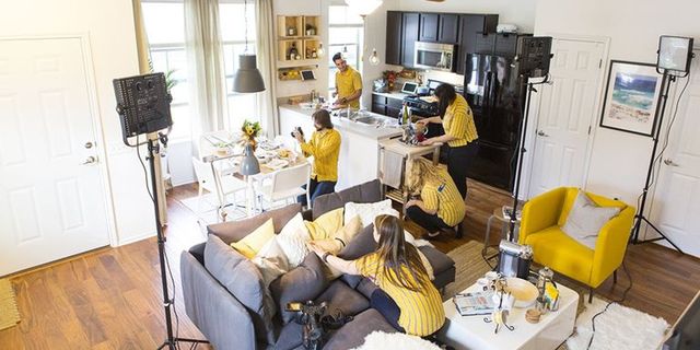 Yellow, Room, Property, Living room, Interior design, Furniture, Building, House, Table, Home, 