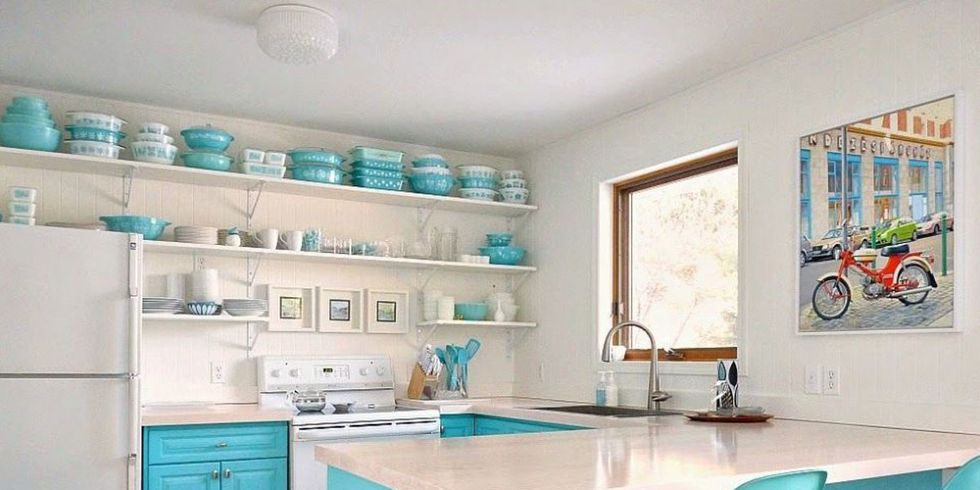 Room, Furniture, Kitchen, Turquoise, Countertop, Property, Interior design, Cabinetry, Building, Home, 