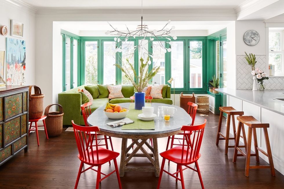 Green, Room, Interior design, Floor, Table, Furniture, Home, Flooring, Chair, Ceiling, 
