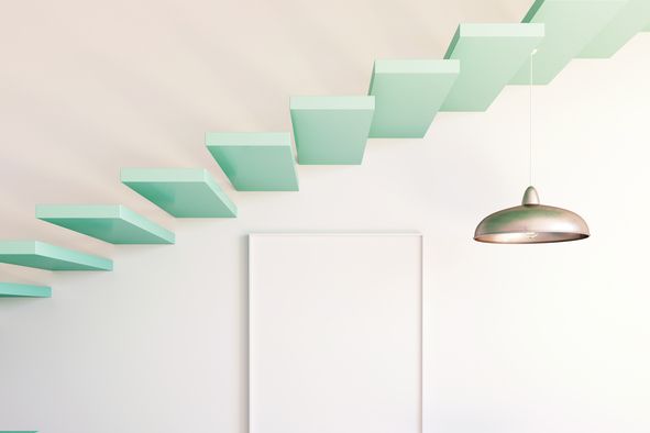 Green, Wall, Teal, Turquoise, Interior design, Aqua, Parallel, Stairs, Rectangle, Material property, 