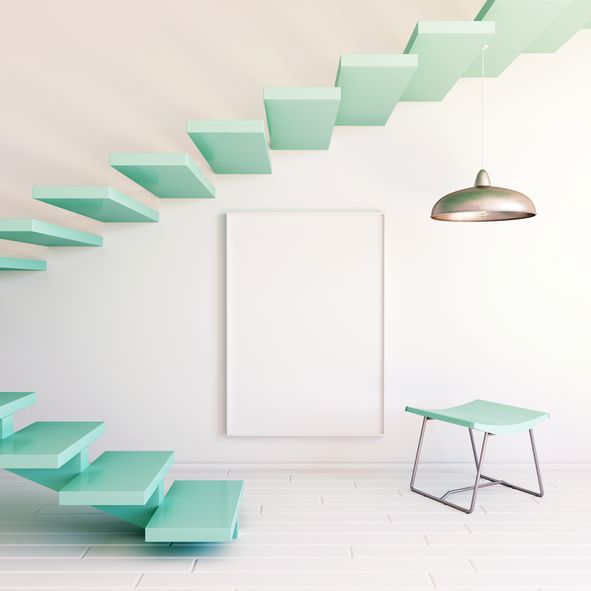 Green, Wall, Teal, Turquoise, Interior design, Aqua, Parallel, Stairs, Rectangle, Material property, 