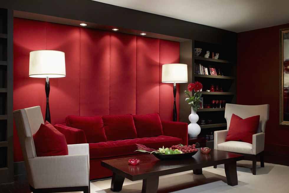 Lighting, Room, Interior design, Wood, Floor, Furniture, Living room, Red, Wall, Home, 