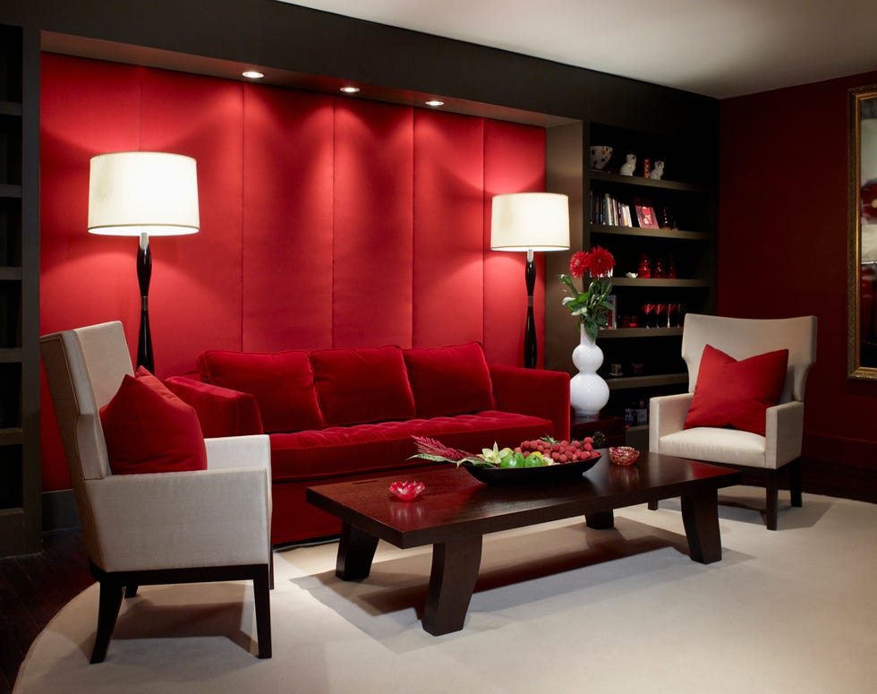 Lighting, Room, Interior design, Wood, Floor, Furniture, Living room, Red, Wall, Home, 