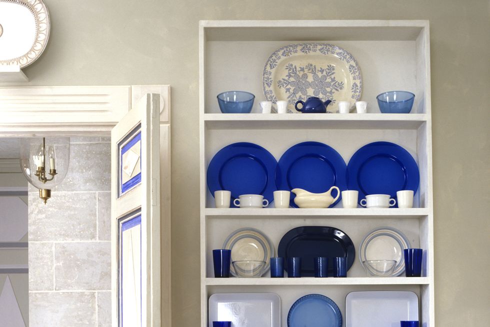 Blue, Dishware, Serveware, Wall, Porcelain, Shelving, Shelf, Azure, Majorelle blue, Cobalt blue, 