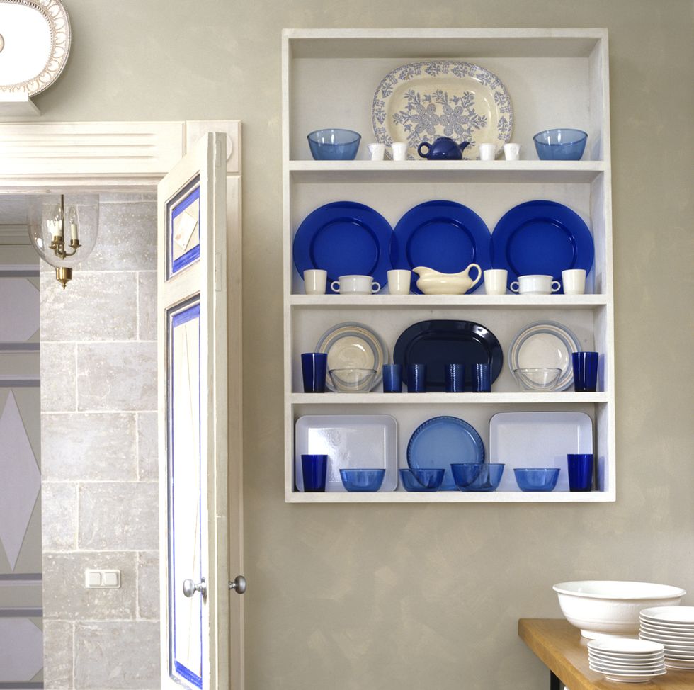 Blue, Dishware, Serveware, Wall, Porcelain, Shelving, Shelf, Azure, Majorelle blue, Cobalt blue, 
