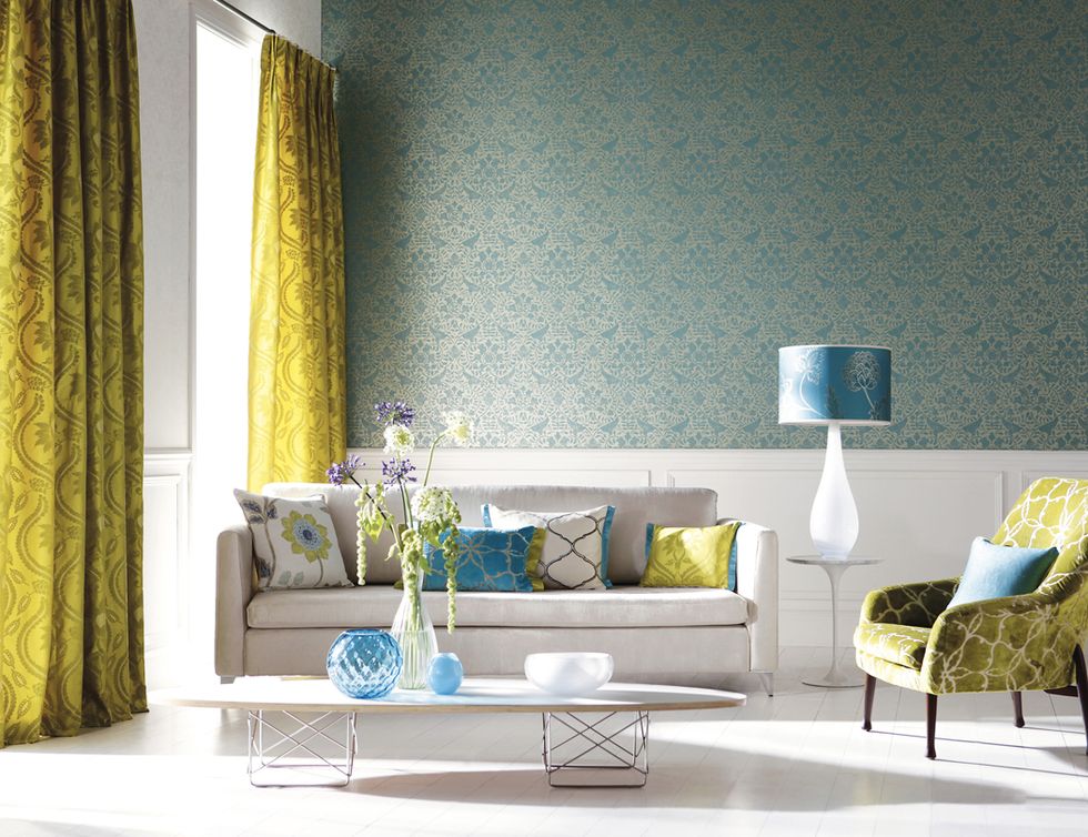 Curtain, Room, Furniture, Interior design, Yellow, Living room, Green, Turquoise, Blue, Aqua, 