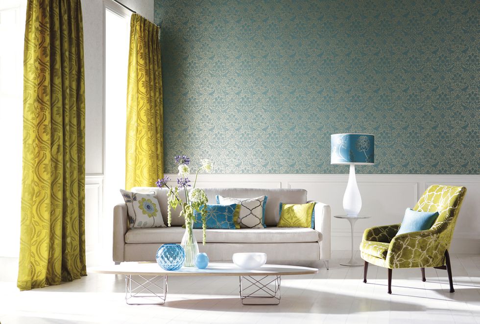 Curtain, Room, Furniture, Interior design, Yellow, Living room, Green, Turquoise, Blue, Aqua, 