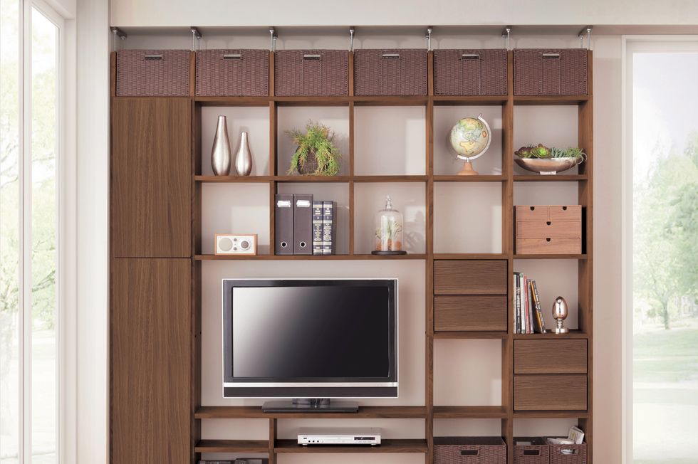 Wood, Interior design, Room, Display device, Wall, Electronic device, Shelf, Shelving, Television set, Cabinetry, 