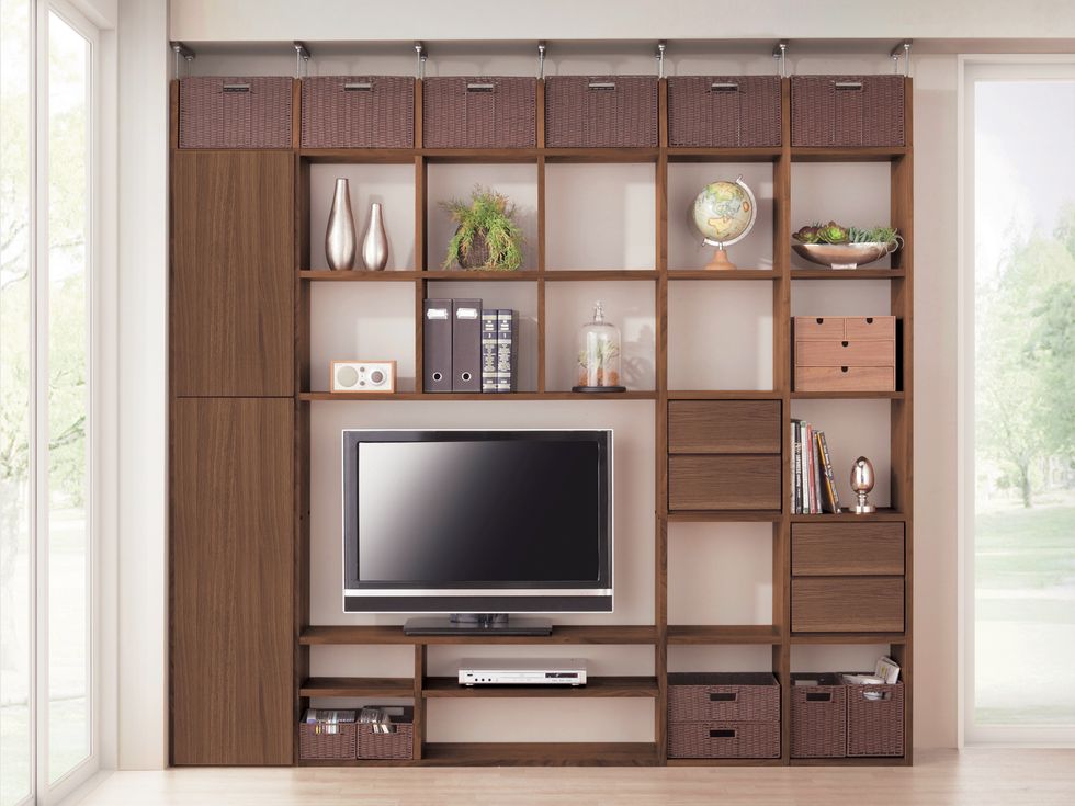 Wood, Interior design, Room, Display device, Wall, Electronic device, Shelf, Shelving, Television set, Cabinetry, 