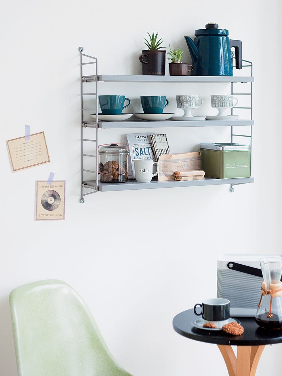 Shelving, Wall, Teal, Interior design, Turquoise, Aqua, Grey, Serveware, Dishware, Shelf, 