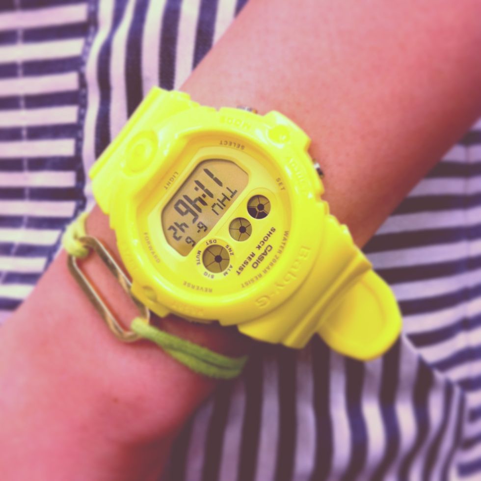 Finger, Yellow, Wrist, Plastic, Bottle cap, Watch, Strap, Watch accessory, Measuring instrument, 