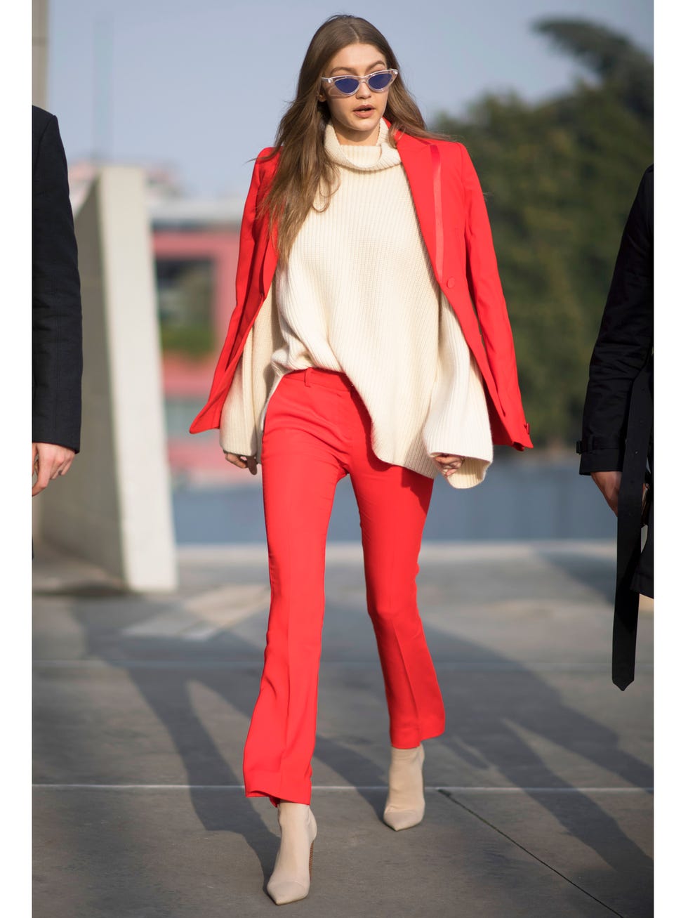 Clothing, Red, Fashion, Street fashion, Pink, Outerwear, Jeans, Trousers, Orange, Blazer, 