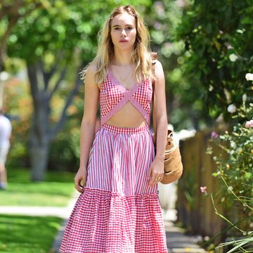 Clothing, Shoulder, Textile, Pink, Magenta, Style, Pattern, Street fashion, People in nature, Dress, 