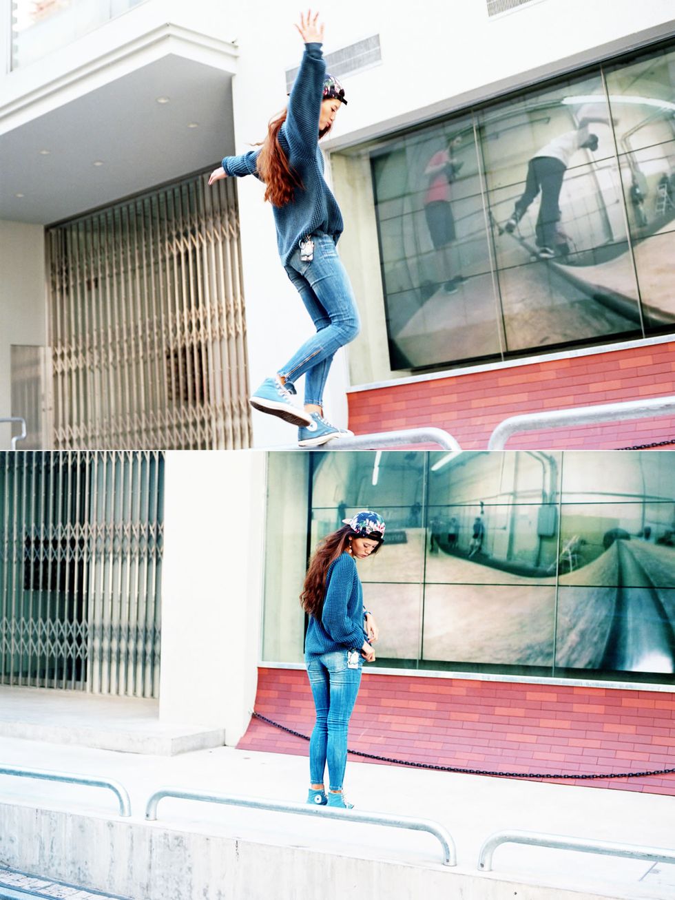 Denim, Jeans, Street fashion, Cool, Electric blue, Stairs, Photo shoot, 